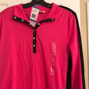 Pink running jacket trimmed with black stripes.